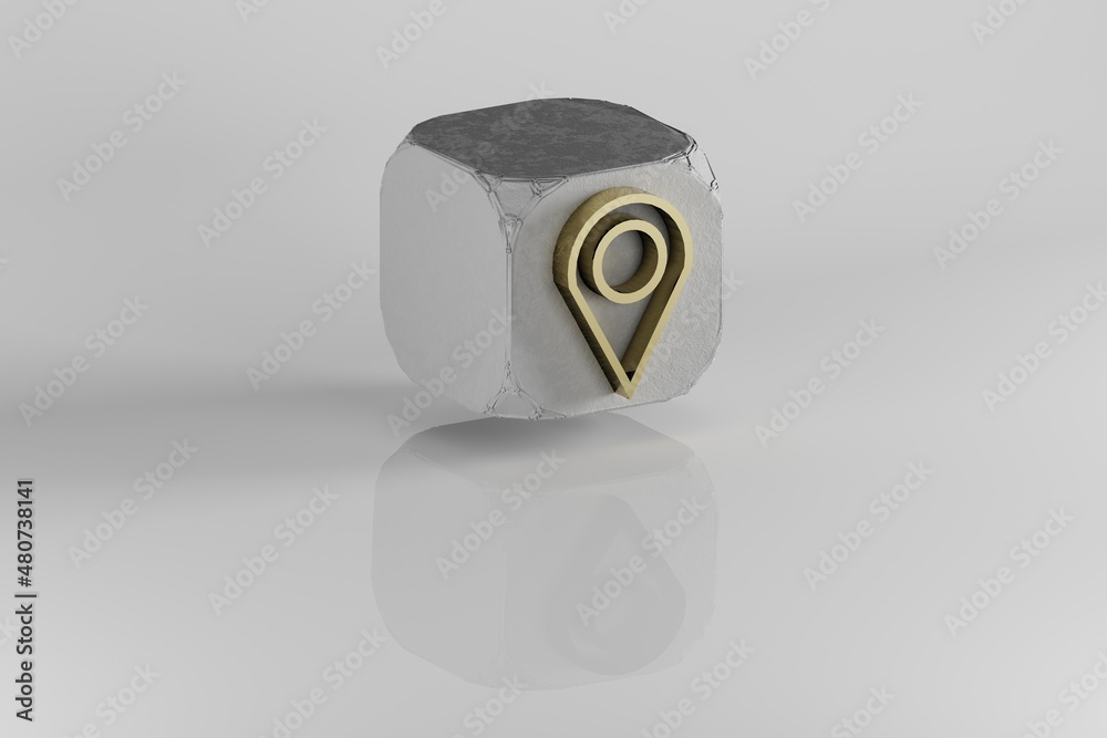 Fototapete location icon. yellow golden location symbol on stone cube and white background. 3d rendering illust
