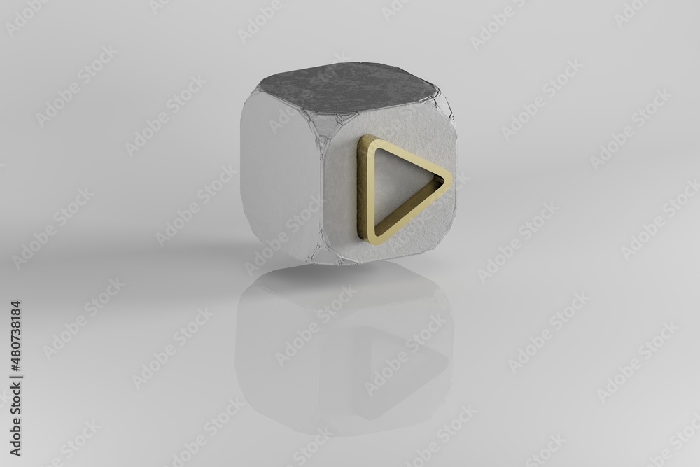 Leinwandbilder play icon. yellow golden play symbol on stone cube and white background. 3d rendering illustration. 