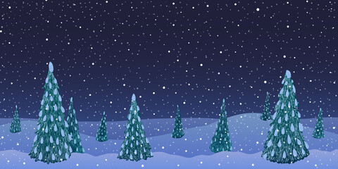 Vector illustration. Night winter landscape. Fir trees forest on hills at night