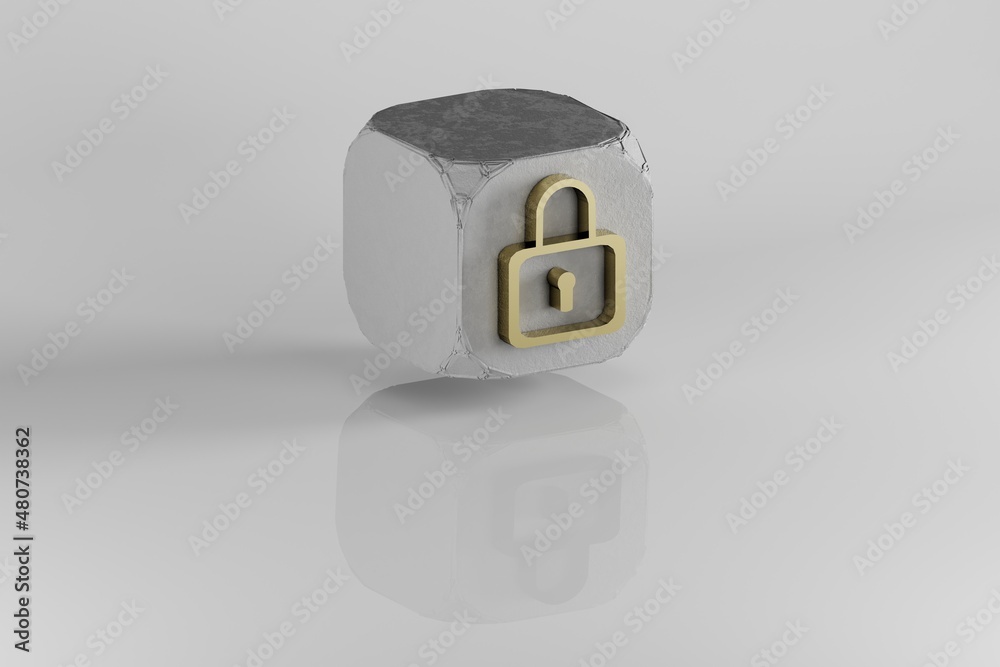 Poster Lock icon. Yellow Golden Lock symbol on stone cube and white background. 3d rendering illustration. Background pattern for design.