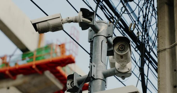 CCTV installed in city Real-time detection technology safety in  construction area and road accidents. Connect to the internet with high speed Wi-Fi to check. security concept