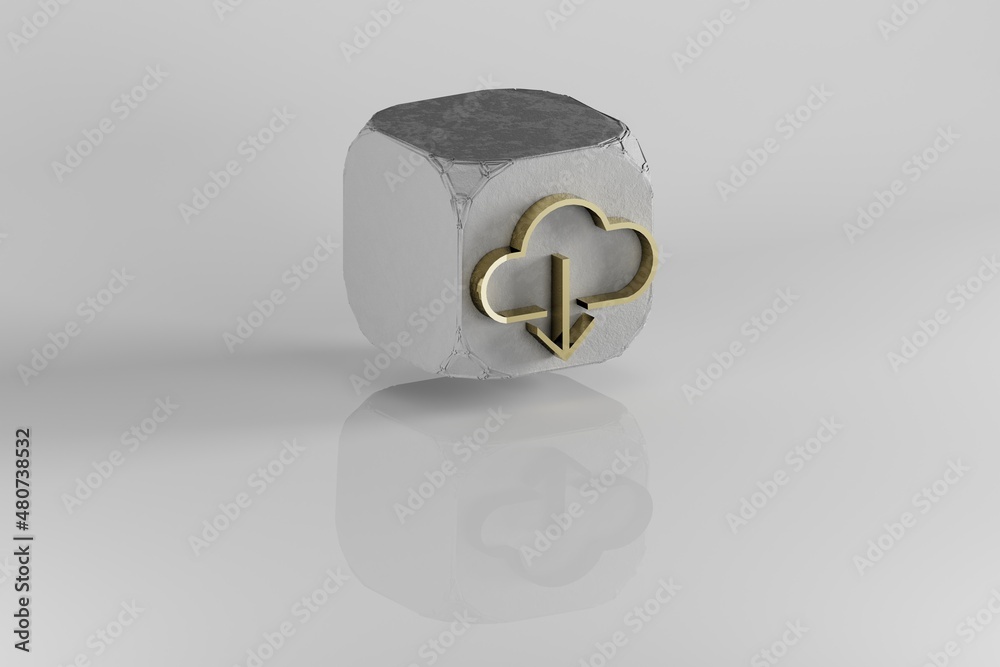 Aufkleber Cloud Down icon. Yellow Golden Cloud Down symbol on stone cube and white background. 3d rendering illustration. Background pattern for design.