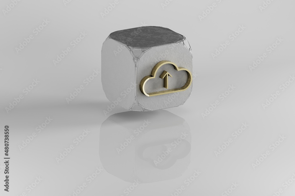 Leinwandbilder Cloud Upload icon. Yellow Golden Cloud Upload  symbol on stone cube and white background. 3d rendering illustration. Background pattern for design.
