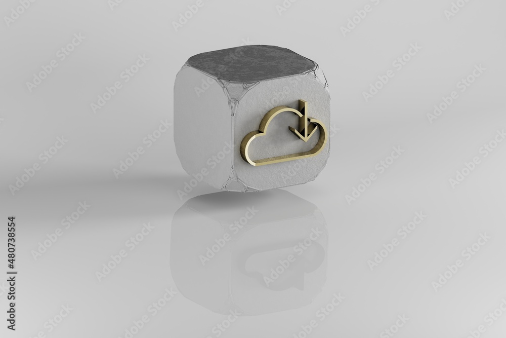 Fototapete cloud down icon. yellow golden cloud down symbol on stone cube and white background. 3d rendering il