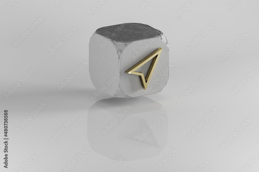 Aufkleber Location Arrow icon. Yellow Golden Location symbol on stone cube and white background. 3d rendering illustration. Background pattern for design.