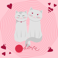 Сouple cats in love on an abstract pink background.Draw vector character design couple love of cat with little heart for Valentine's day So sweet.Doodle cartoon style.