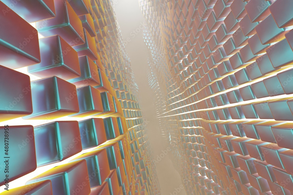 Poster abstract geometric background sci-fi construction of multicoloured cubes or space station, blue yell