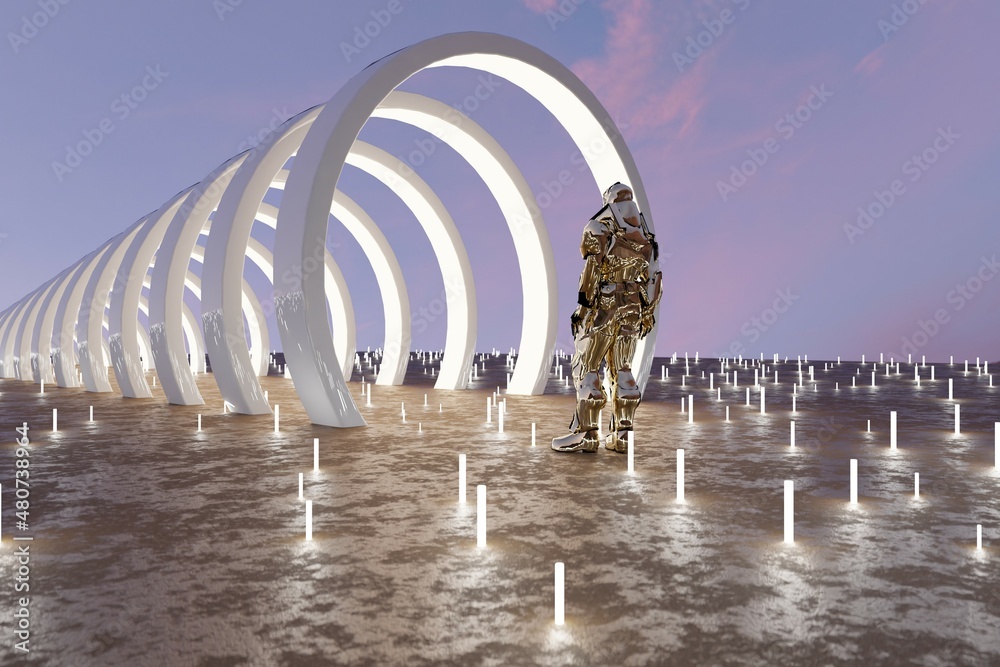 Aufkleber Alone golden astronaut inside rings tunnel. 3d rendering illustration. Background pattern for design.