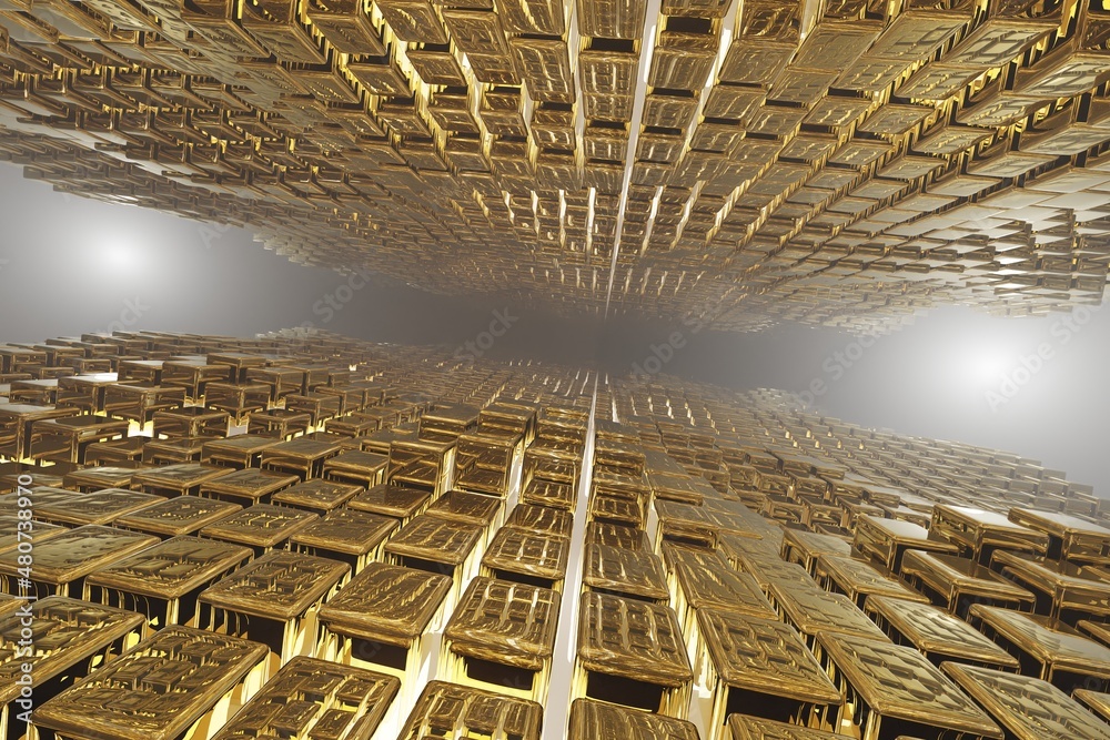 Poster abstract geometric background sci-fi construction of golden cubes or space station, blue yellow neon