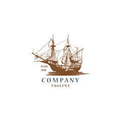 Classic illustrative sailing ship logo design made in vintage style. The sailboat as a symbol represents freedom, struggle and adventure. It is suitable for representing various business industries