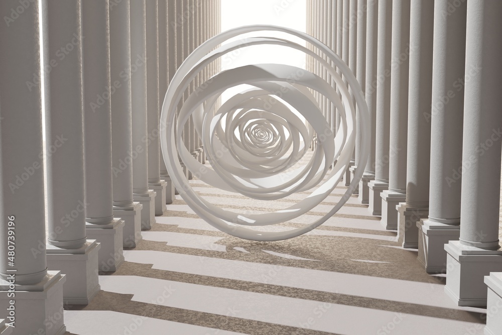 Poster Sphere in the sharpening of large stone rings from white marble. 3d rendering illustration. Background pattern for design..
