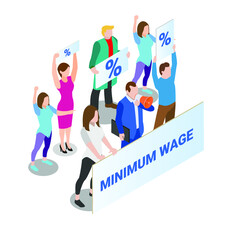 People rally for increase in monthly salary isometric 3d vector concept for banner, website, illustration, landing page, flyer, etc.
