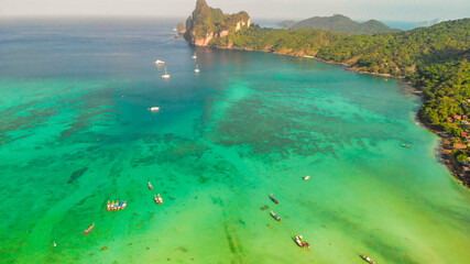 Phi Phi Don, Thailand. Aerial view of Phi Phi Island coastline from drone on a hot sunny day.