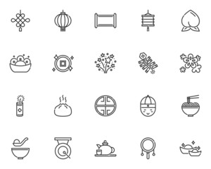 set of chinese new year line icons, traditional, asian, celebration