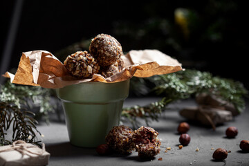 Homemade chocolate and caramel truffles in a bowl