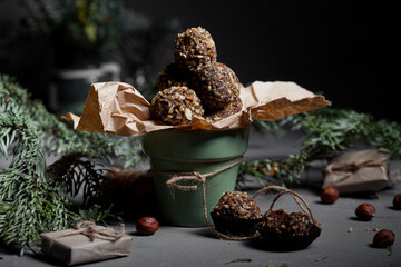 Homemade chocolate and caramel truffles in a bowl