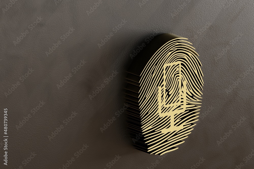 Fototapete beautiful abstract golden fingerprint with icon microphone, standing on dark, 3d rendering. backgrou