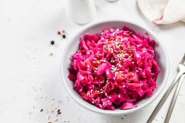 Fermented beet cabbage salad. Top view, copy space.