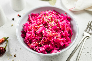 Asian spicy beetroot cabbage salad. Top view, copy space.