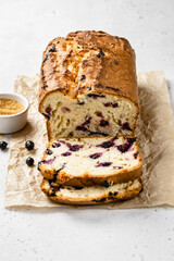 Banana muesli morning  black currant loaf cake. Copy space.