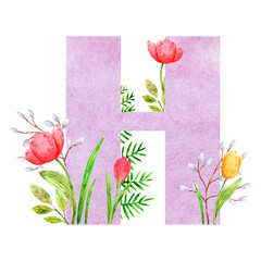 Watercolor composition from the letter H with floral elements tulips and twigs for the design and decoration of texts, congratulations, scrapbooking, invitations