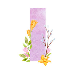 Watercolor composition from the letter I with floral elements tulips and twigs for the design and decoration of texts, congratulations, scrapbooking, invitations