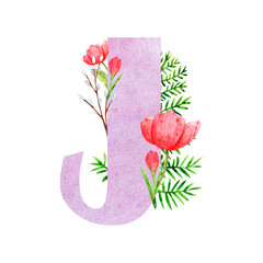 Watercolor composition from the letter J with floral elements tulips and twigs for the design and decoration of texts, congratulations, scrapbooking, invitations