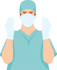 Surgeon wearing blue medical uniform, gloves and mask. Flat style. Vector Illustration.
