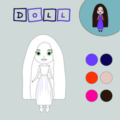Coloring book of a cute doll. Educational creative games for preschool children
