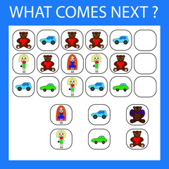 An educational activity for children - to make a logical chain of  colorful toys . Which animals is next?