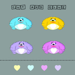 worksheet vector design, the task is to cut and glue a piece on colorful  monsters.  Logic game for children.