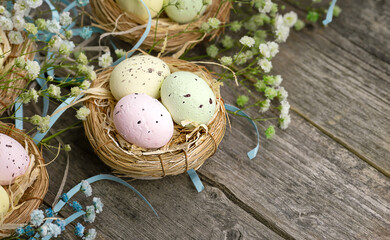 Obraz premium Small quail Easter eggs in a nest of straw on a wooden table. The background is pale blue gypsophila flowers