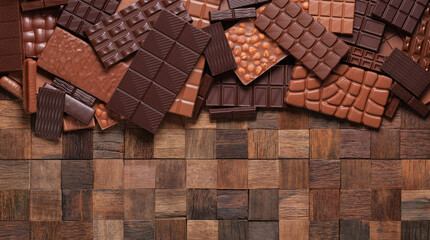 chocolate bar scattered on wooden table, food background.