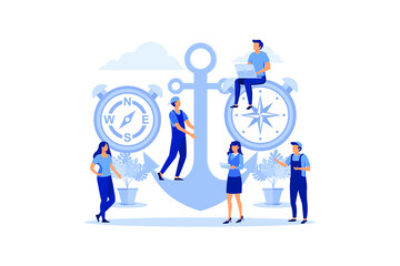 leadership qualities in the creative team, direction on the successful path, team work on the start up, confident approach to work flat vector illustration 