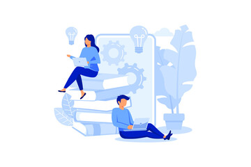 Obraz premium people learn and gain knowledge. The creative design of the schedule students learn on books. stylish vector for posters, banners, websites, booklets, flyers, cards flat vector illustration 