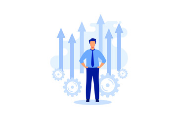 a big businessman grows up in career, moving to the goal on the arrow, increases motivation flat vector illustration 