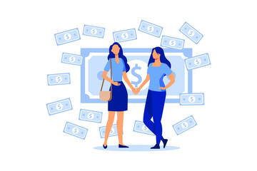business porters a successful team. The investor holds money in ideas. financing of creative projects. woman and man business handshake flat vector design illustration 