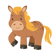 Vector illustration of a cute brown horse in cartoon style, isolated on a white background. Flat style horse, farm animal, farming, equestrian sport