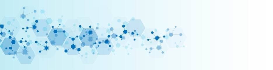 Technology background. Design of hexagons, cells connected by lines. Digital network. Plexus of molecules. Chemical science. Banner social networks, websites, medicine. Vector