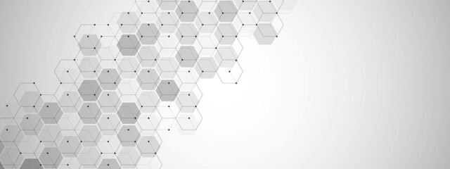 Background halftone vector technology. Hexagon design, honeycomb. Texture of lines, points, cells. Information grid. Artificial intelligence. Banner social networks, medicine, landing pages websites.