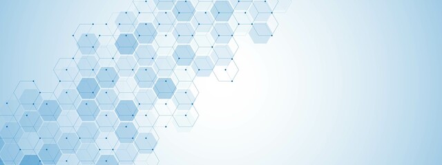  Background vector technology. Hexagon design, honeycomb. Texture of lines and points, cells. Information grid. Artificial intelligence. Banner social networks, medicine, landing pages of websites.