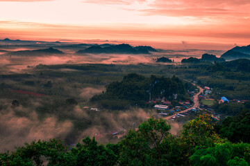 panoramic background of high mountain scenery, overlooking the atmosphere of the sea, trees and wind blowing in a cool blur, spontaneous beauty