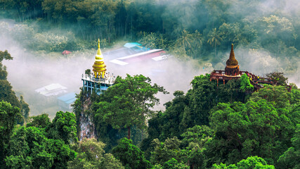 panoramic background of high mountain scenery, overlooking the atmosphere of the sea, trees and...