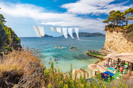 Zakynthos, Greece, Cameo island with white cloth hanging above the beach
