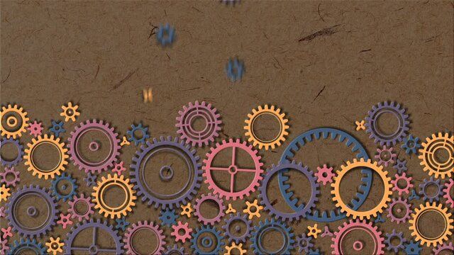Farbige Zahnr&auml;der (Getriebe) fliegen ins Bild, greifen ineinander und mit dem letzten Zahnrad beginnt sich das fl&auml;chenf&uuml;llende Getriebe zu drehen. Animation.
