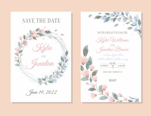 Wedding invitation card template set with beautiful floral leaves. Rustic style.