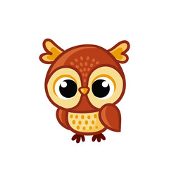 Cute brown owl chick sits on a white background. Baby owl.