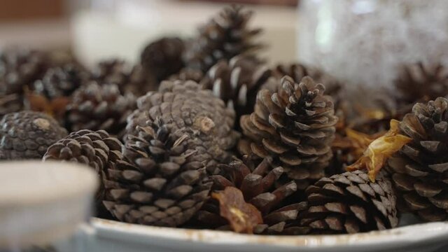 Dried dark brown pine cones on a plate for decoration during season holidays