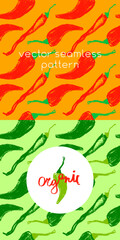 Obraz premium Vector hot pepper pattern seamless. Hand-drawn illustration of hot peppers. Pepper drawings. Homemade vegetables background. Vegan food wallpaper. Red spice backdrop. Vegetarian restaurant banner.