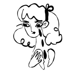 A young girl with a broken heart is crying. Tears are running down her face. Coloring book on a white background.